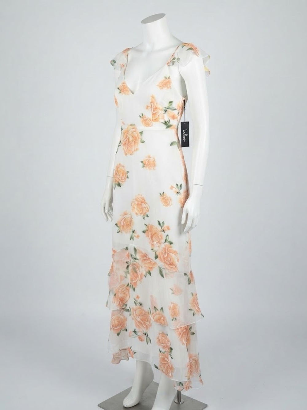 Lulu's White Maxi Dress with Peach Rose Print